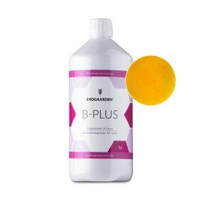 Billede af en flaske Brogaarden B-Plus. P billedet er flaskens indhold vist i en cirkel