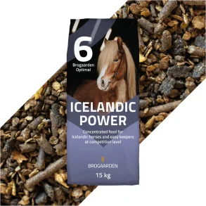 1 sk Brogaarden Optimal 6 Icelandic Power islnderfoder. Bagved skken er skkens indhold afbilledet.